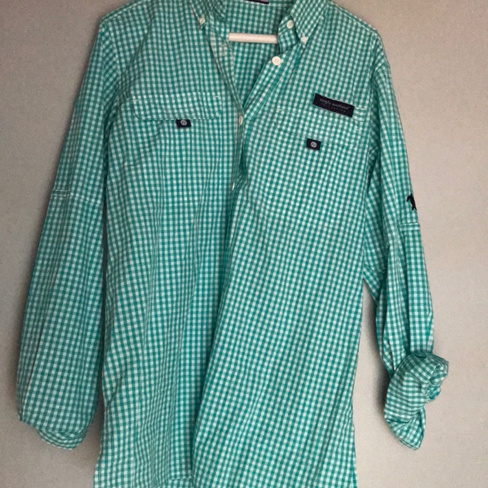 Teal checkered Simply Southern button up!